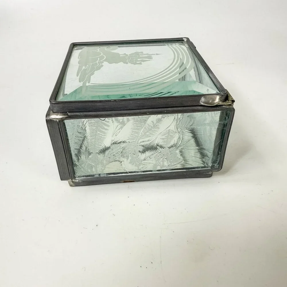 Vintage Disney Etched Castle Rainbow Metal Glass Display Mirror Square Box